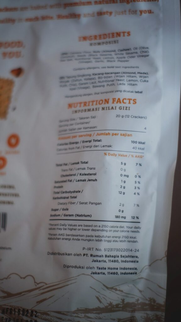 Nutrition Facts Casa Grata Sesame & Chia